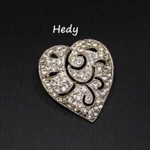 Vintage 1950s Hedy Heart Brooch, Scroll Openwork Pin, Rhodium Plated